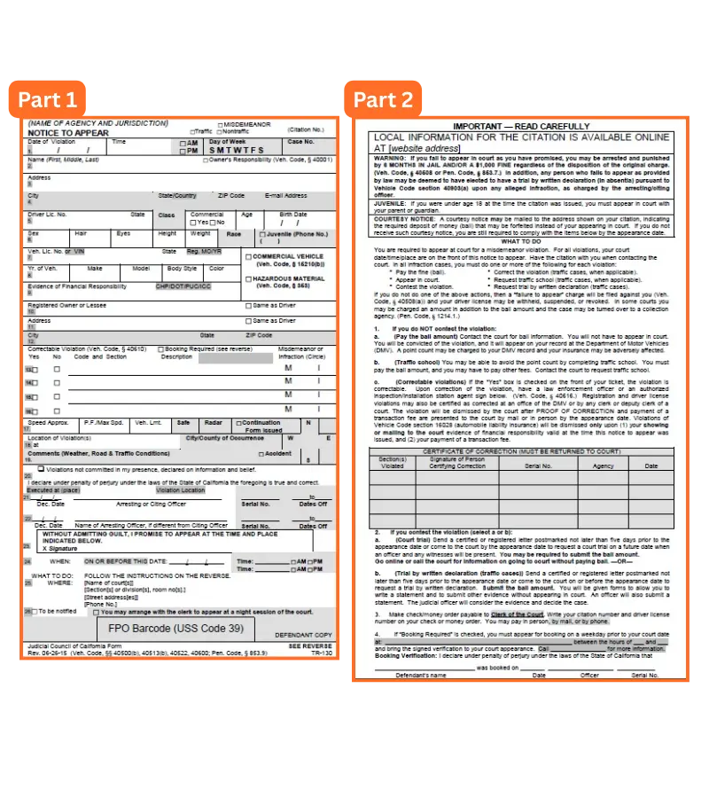 California traffic ticket parts explained