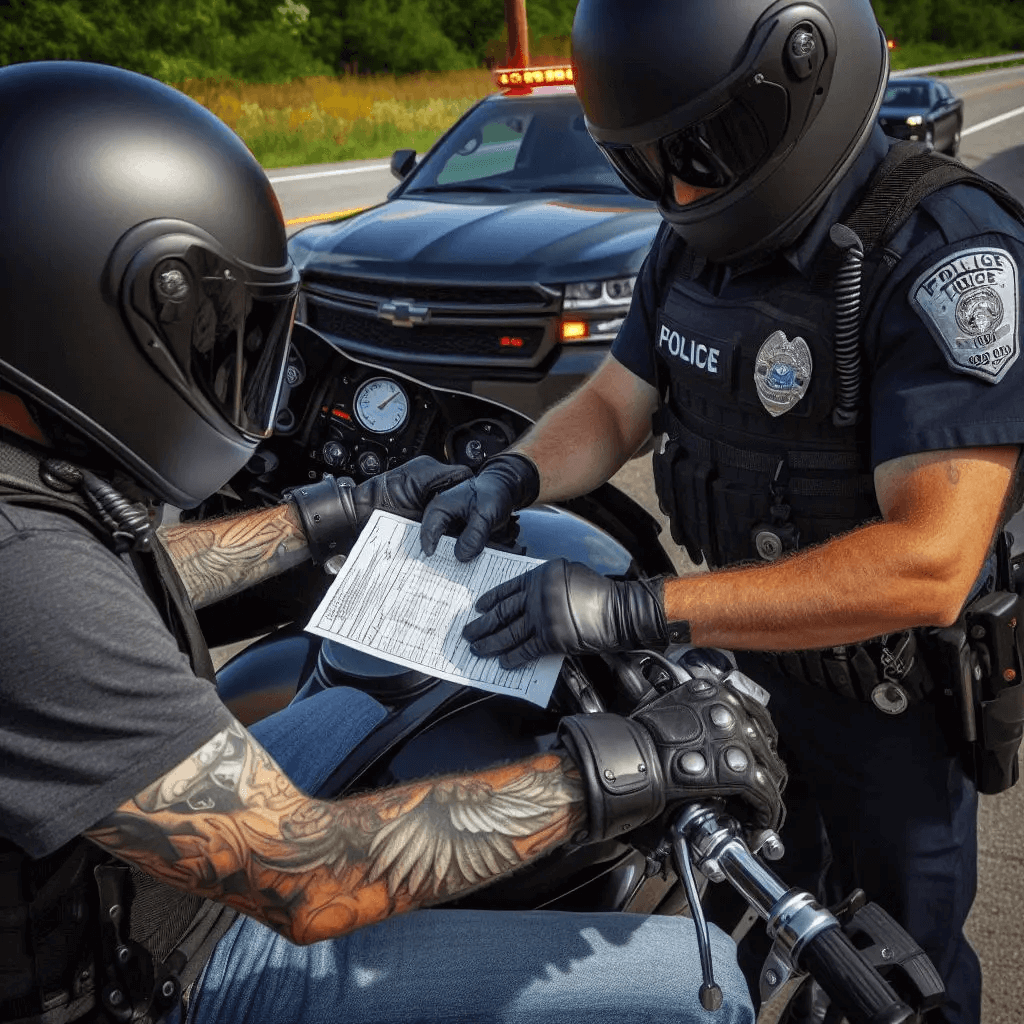 Policeman handing motorbike driver a speeding traffic ticket in Beaver County, PA