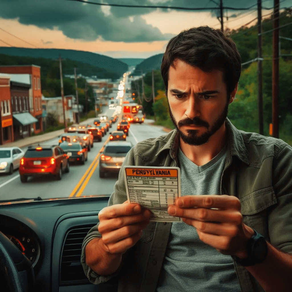 Driver examining a Pennsylvania traffic ticket in Carbon County, PA