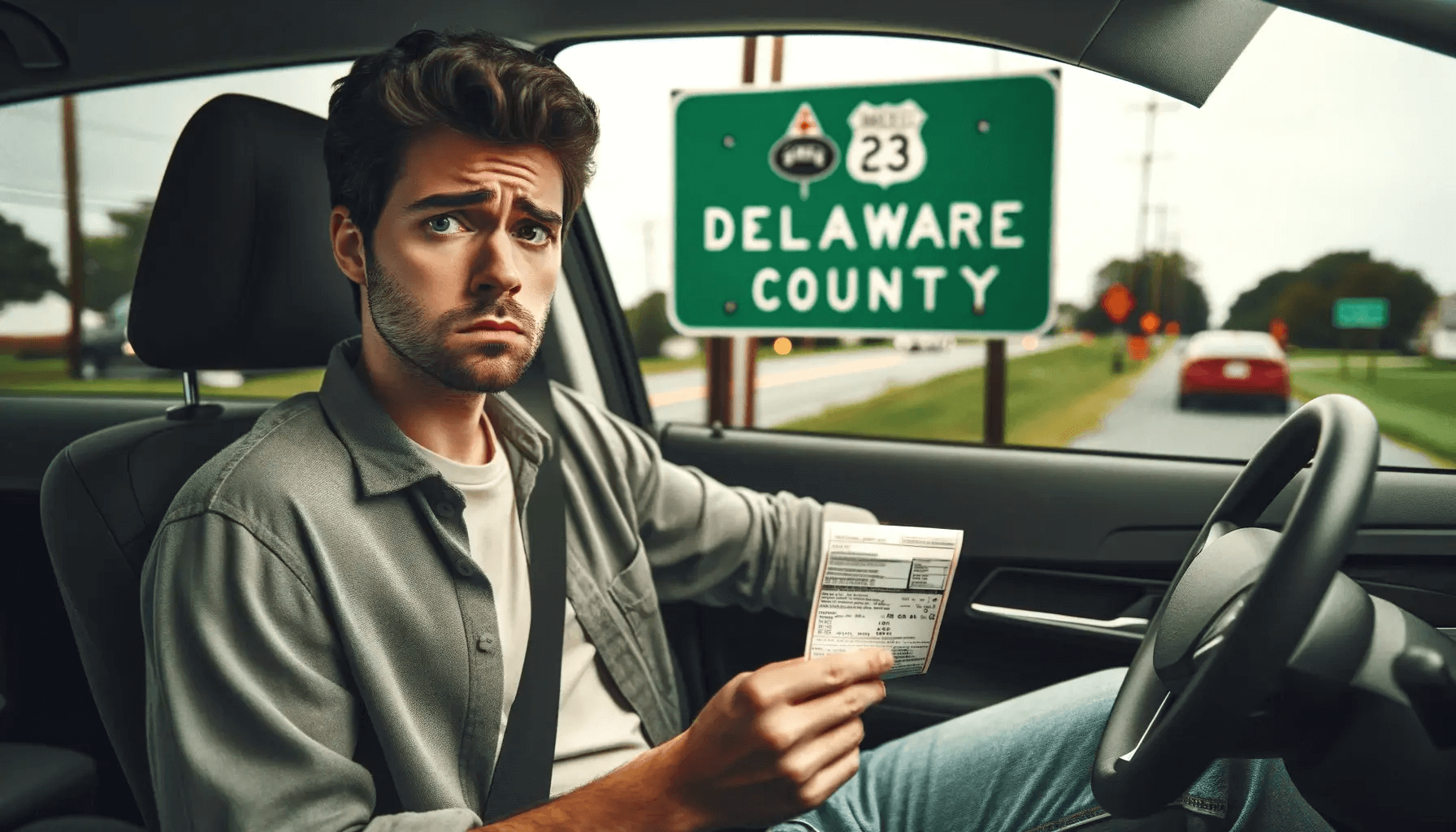 Driver looking concerned while holding a traffic ticket in Delaware County, PA