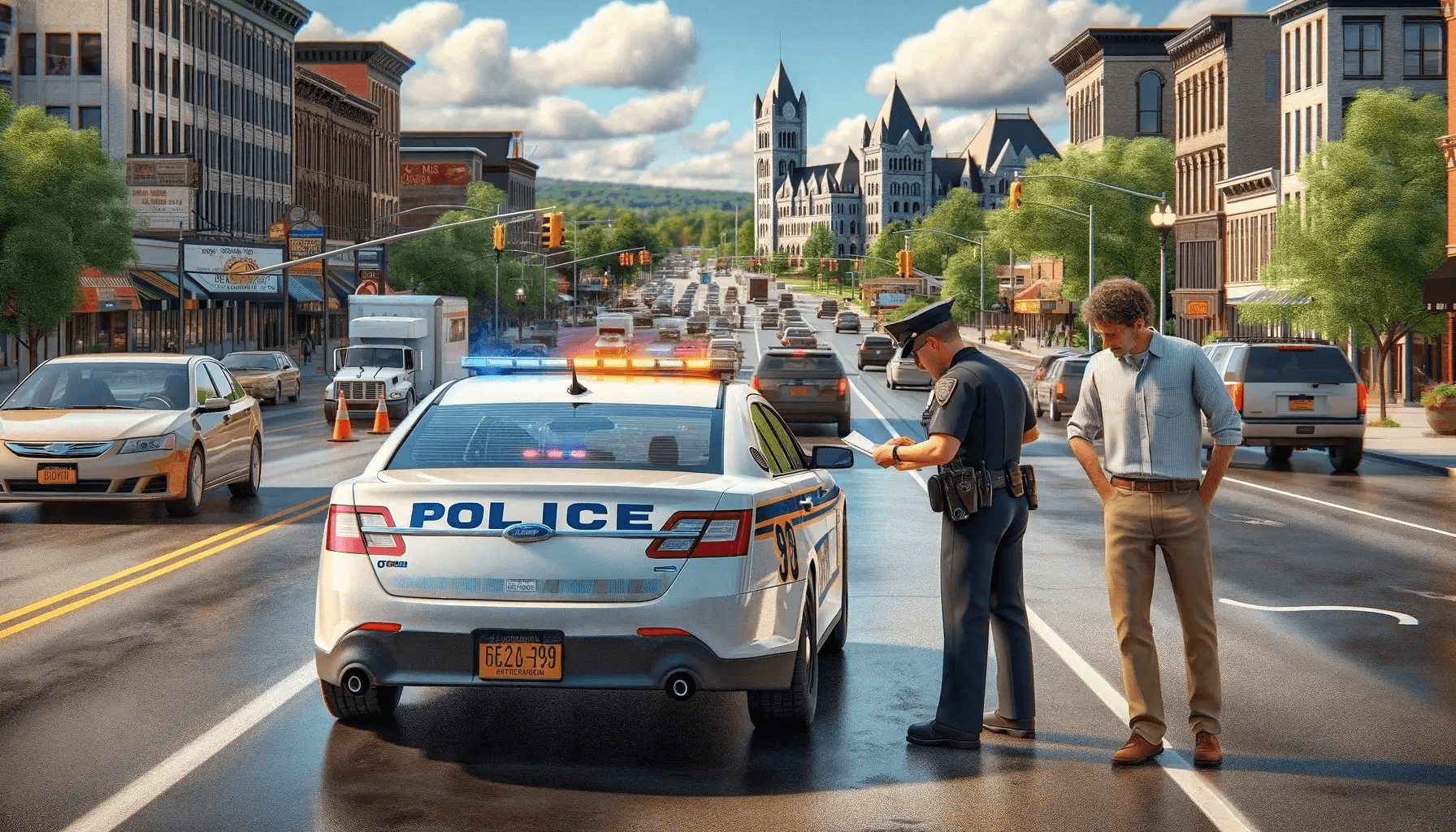 Traffic police officer issuing driving ticket on main road in Cortland County, NY