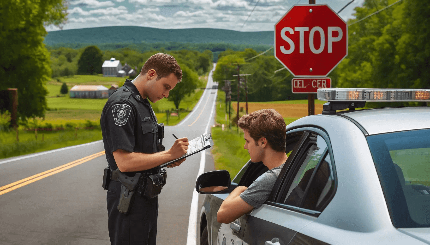 Police officer writing a ticket for running a stop sign in Litchfield County, CT