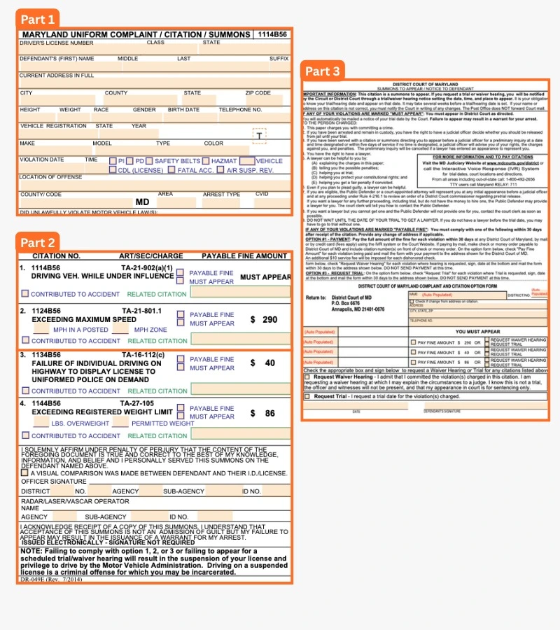 Maryland traffic ticket