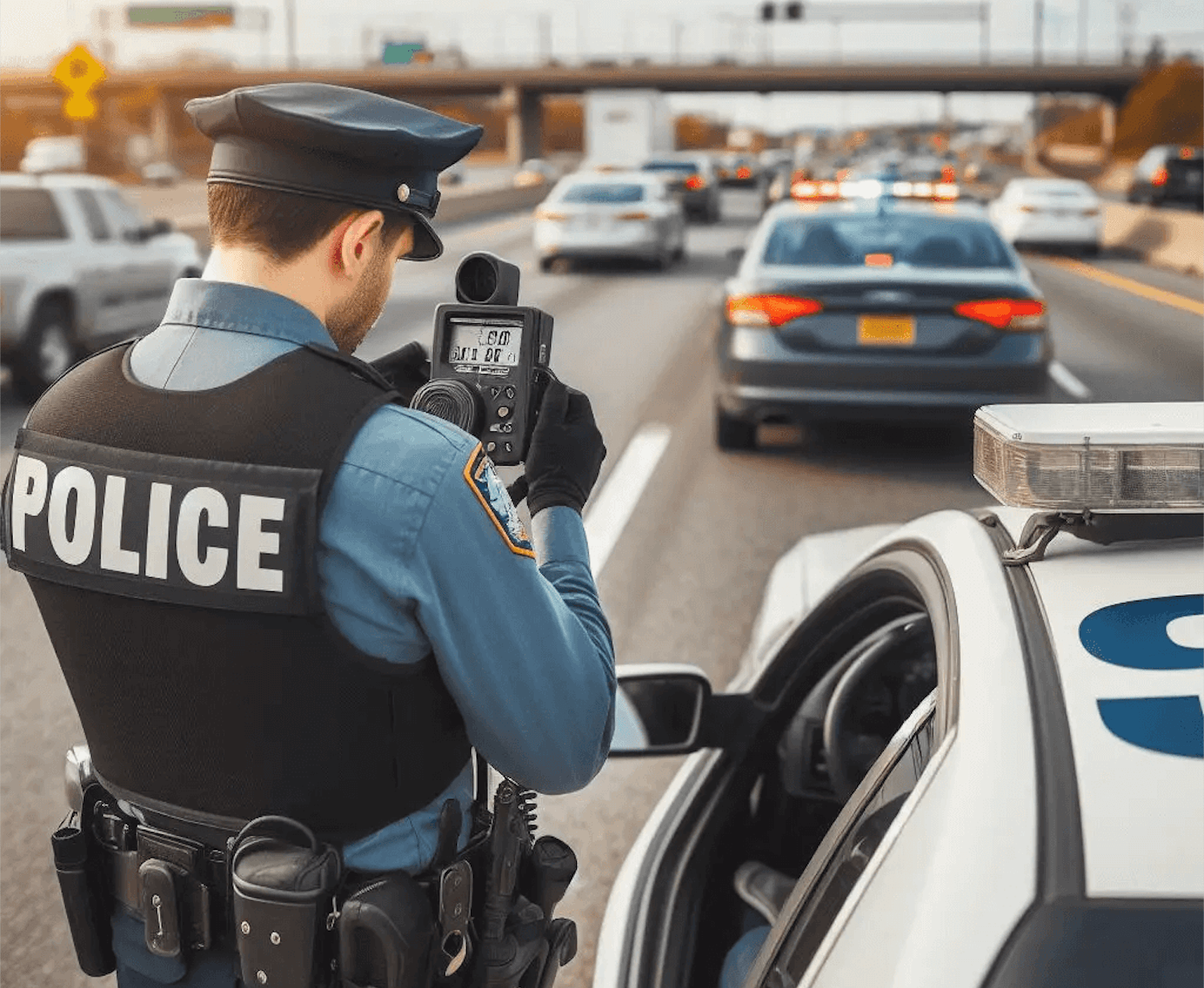 Police checking vehicles for speeding violations on main highway in Gloucester County, NJ