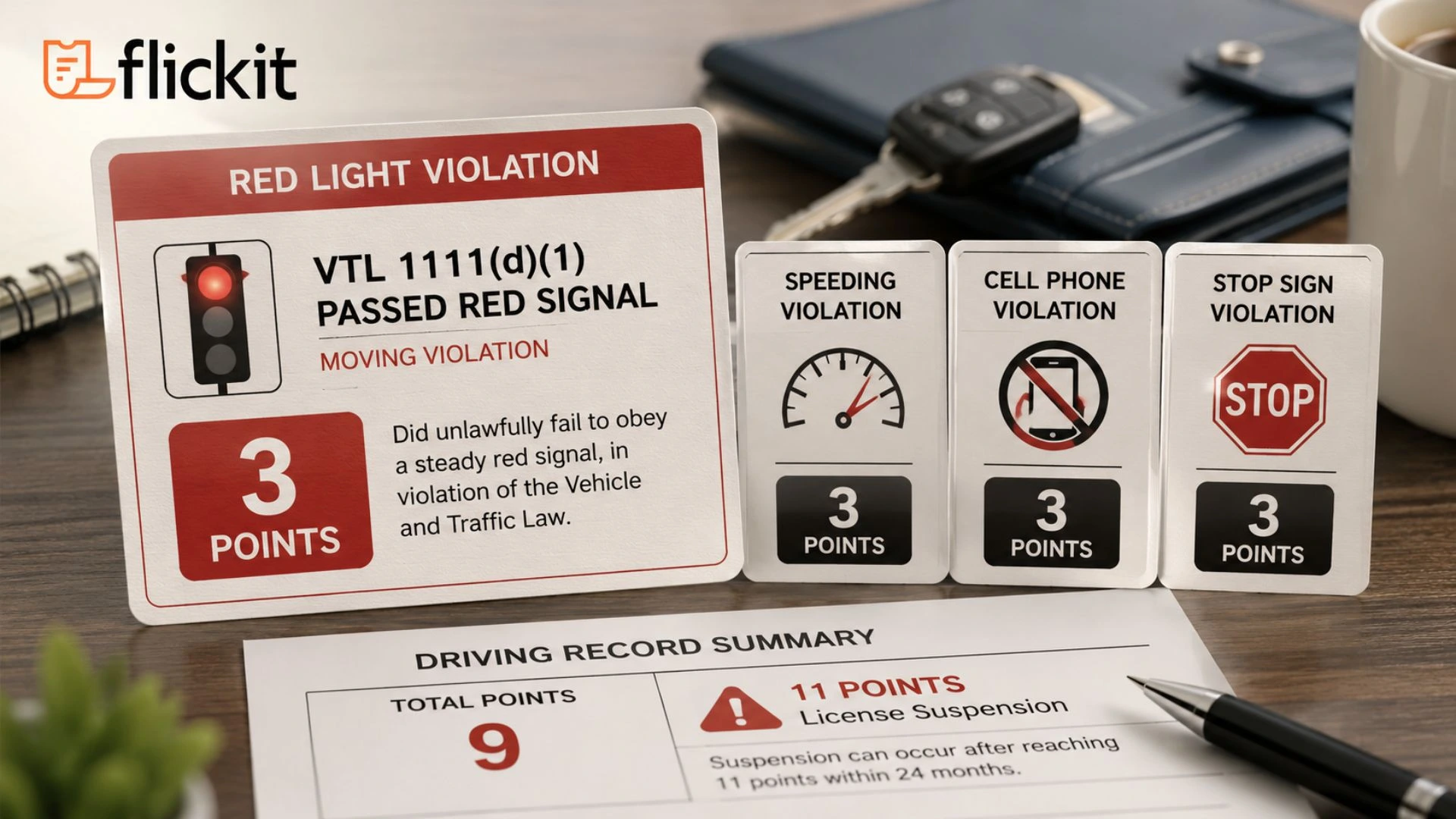 NY red light ticket points compared with other moving violations.