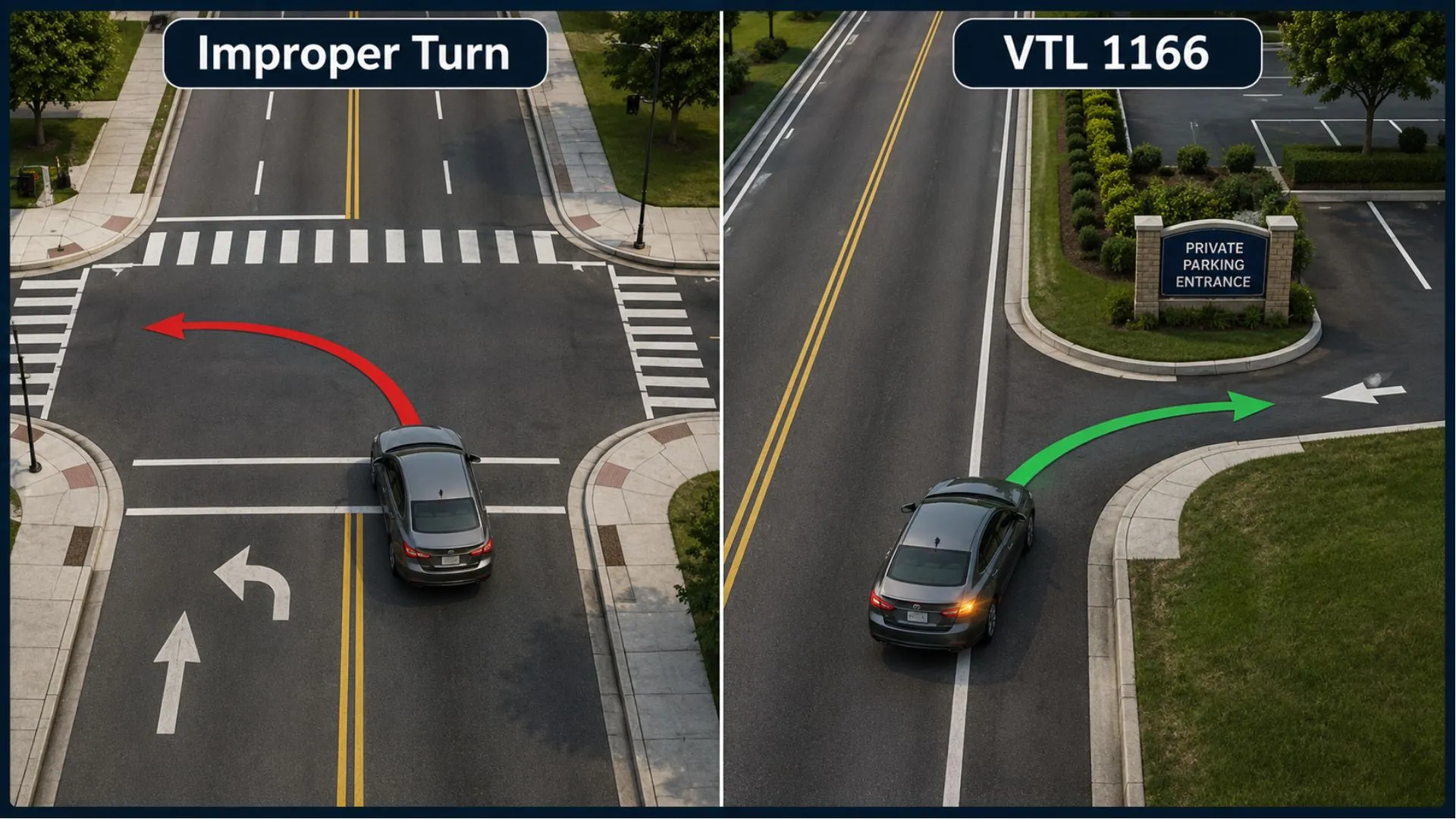 Comparison of an improper turn and a NY VTL 1166 driveway turn scenario.