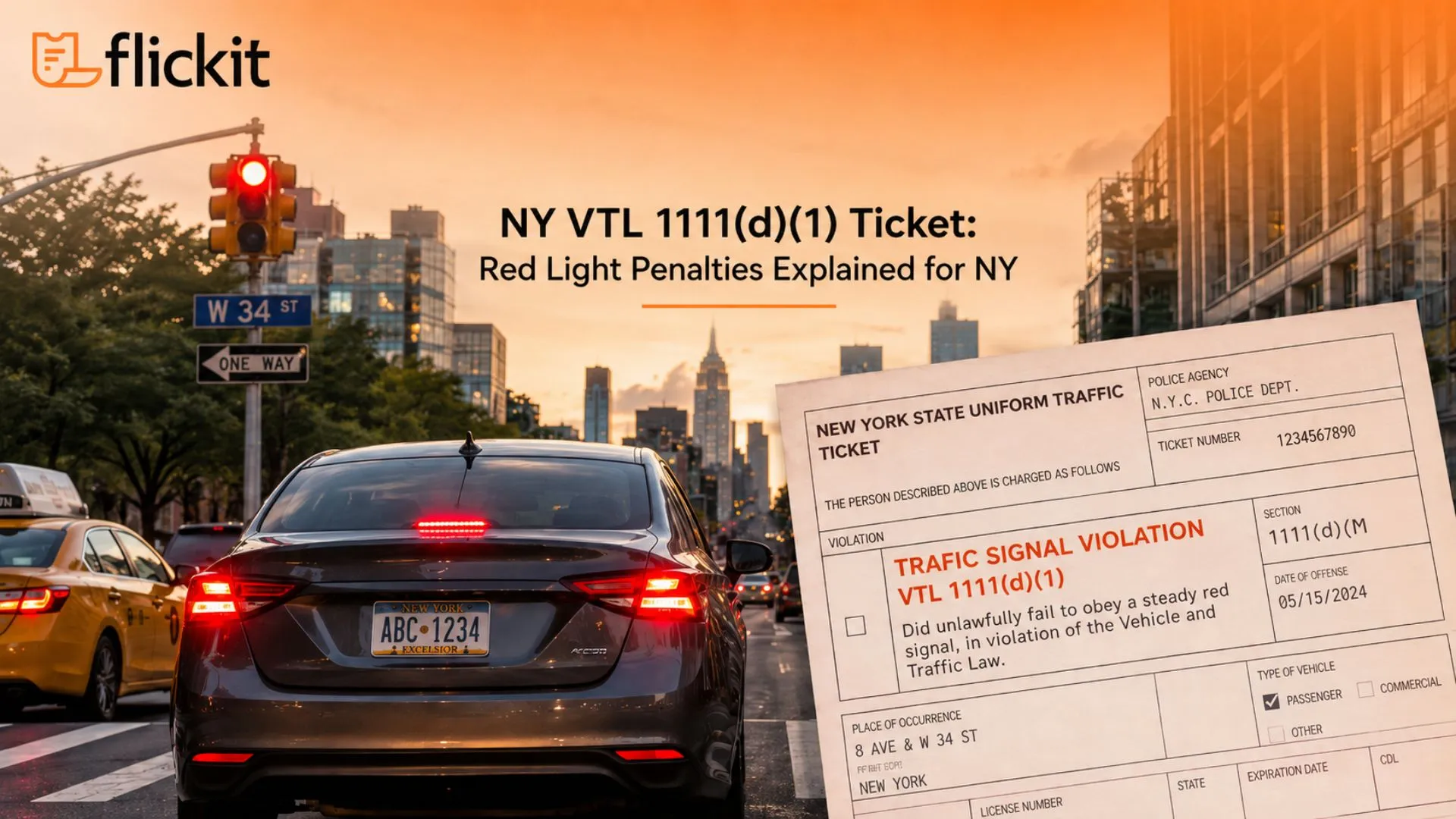 NY VTL 1111(d)(1) red light ticket displayed on a NYC street scene.