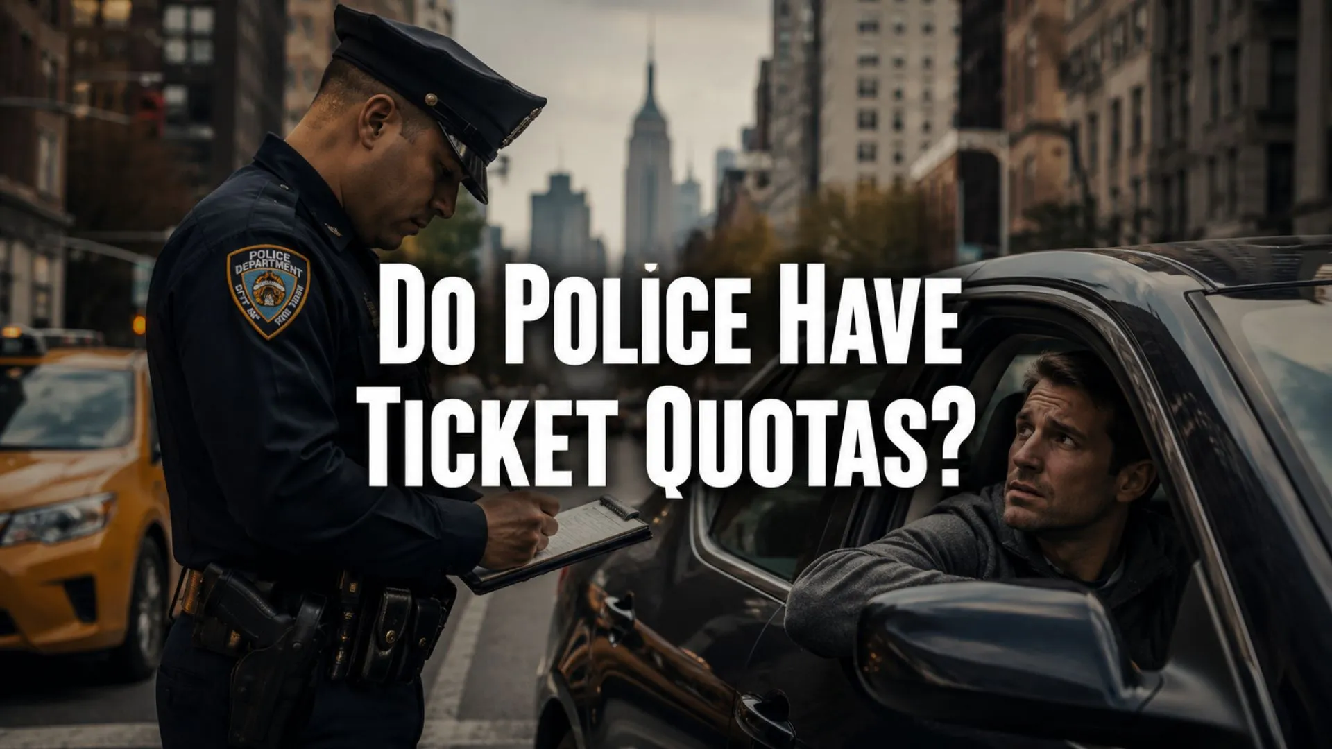 Police officer writing a ticket during a traffic stop in a city street.
