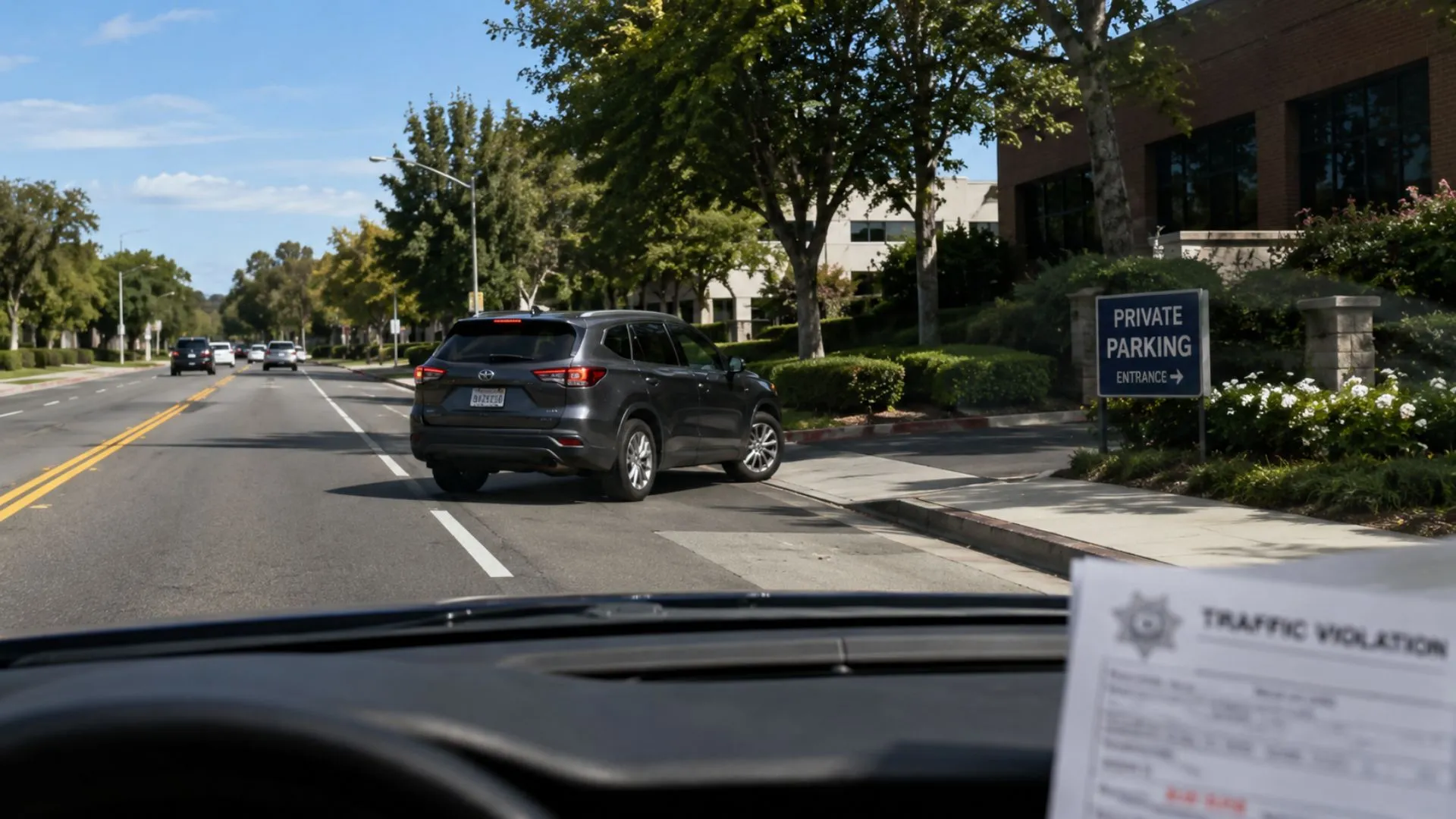 Driver approaching a private parking entrance in a NY VTL 1166 scenario.