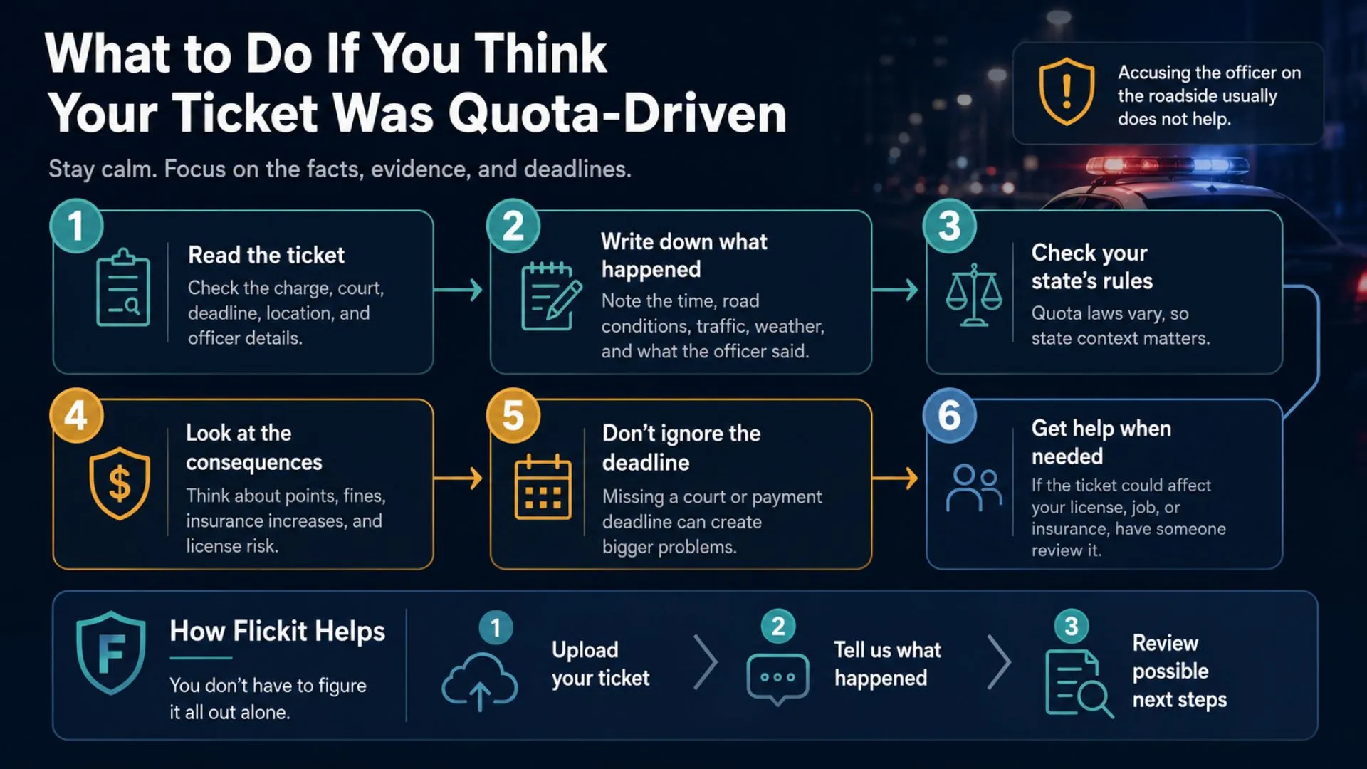 Six-step roadmap infographic for reviewing a potentially quota-driven ticket.