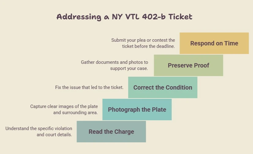 Five steps for responding to and correcting an NY VTL 402-b ticket.