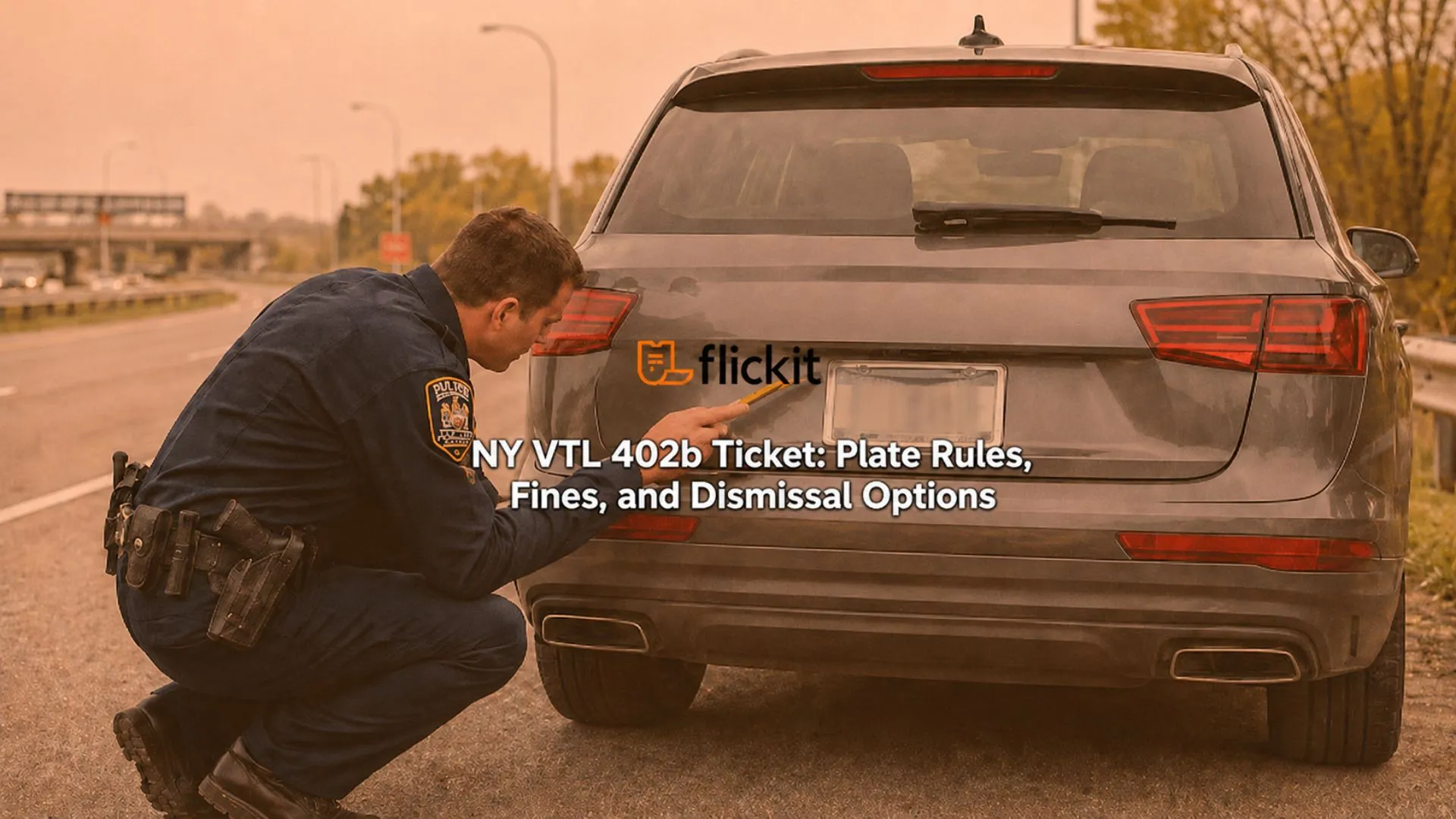 Officer inspecting a vehicle plate for an NY VTL 402-b ticket.