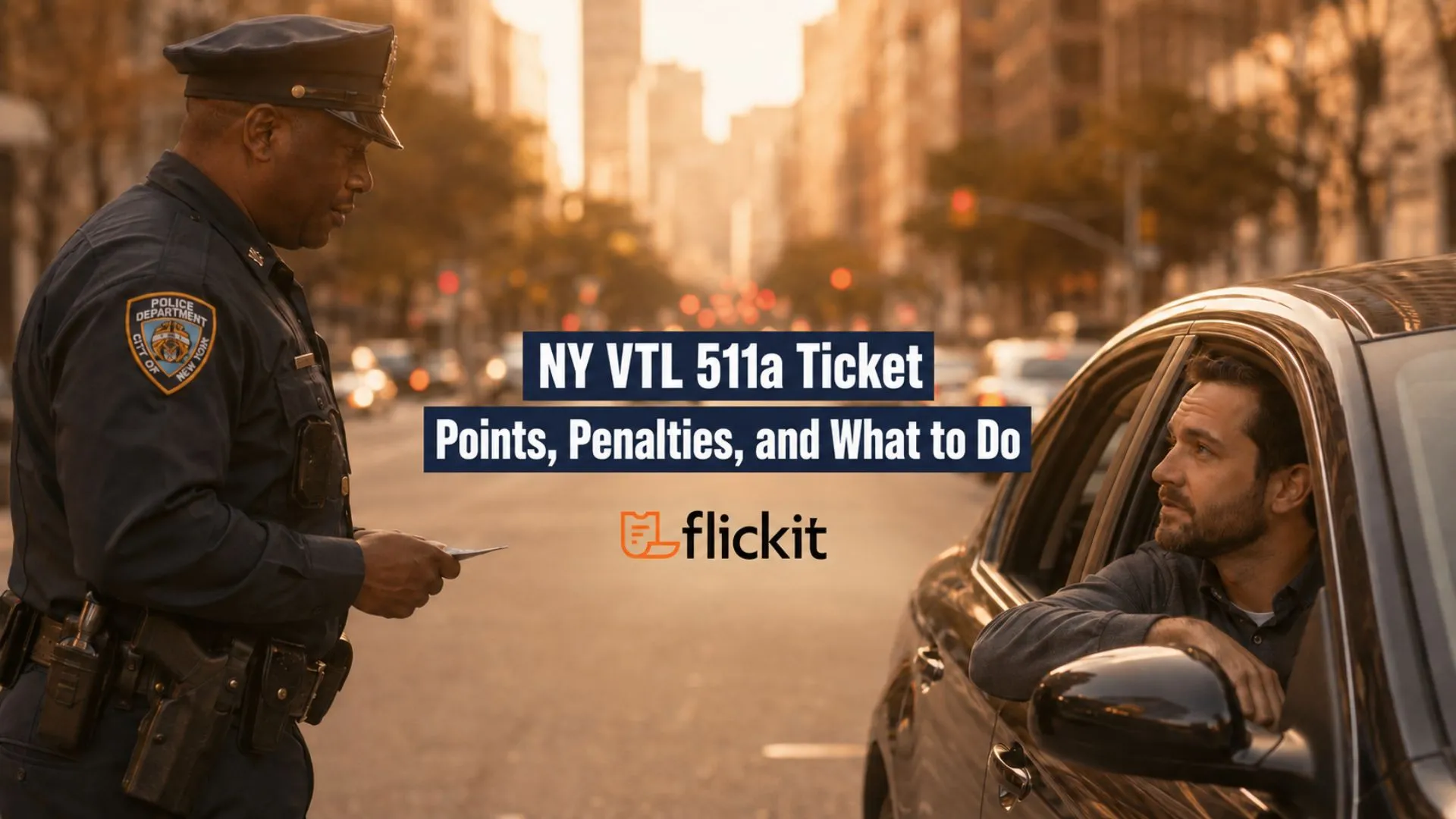 NY VTL 511a ticket traffic stop with driver and police officer in New York.