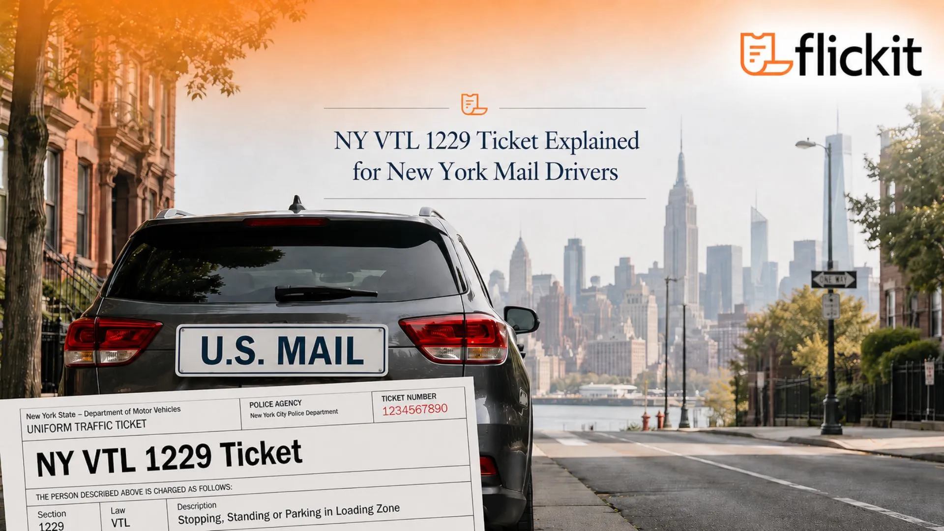 Rear view of a U.S. Mail delivery vehicle with an NY VTL 1229 ticket.