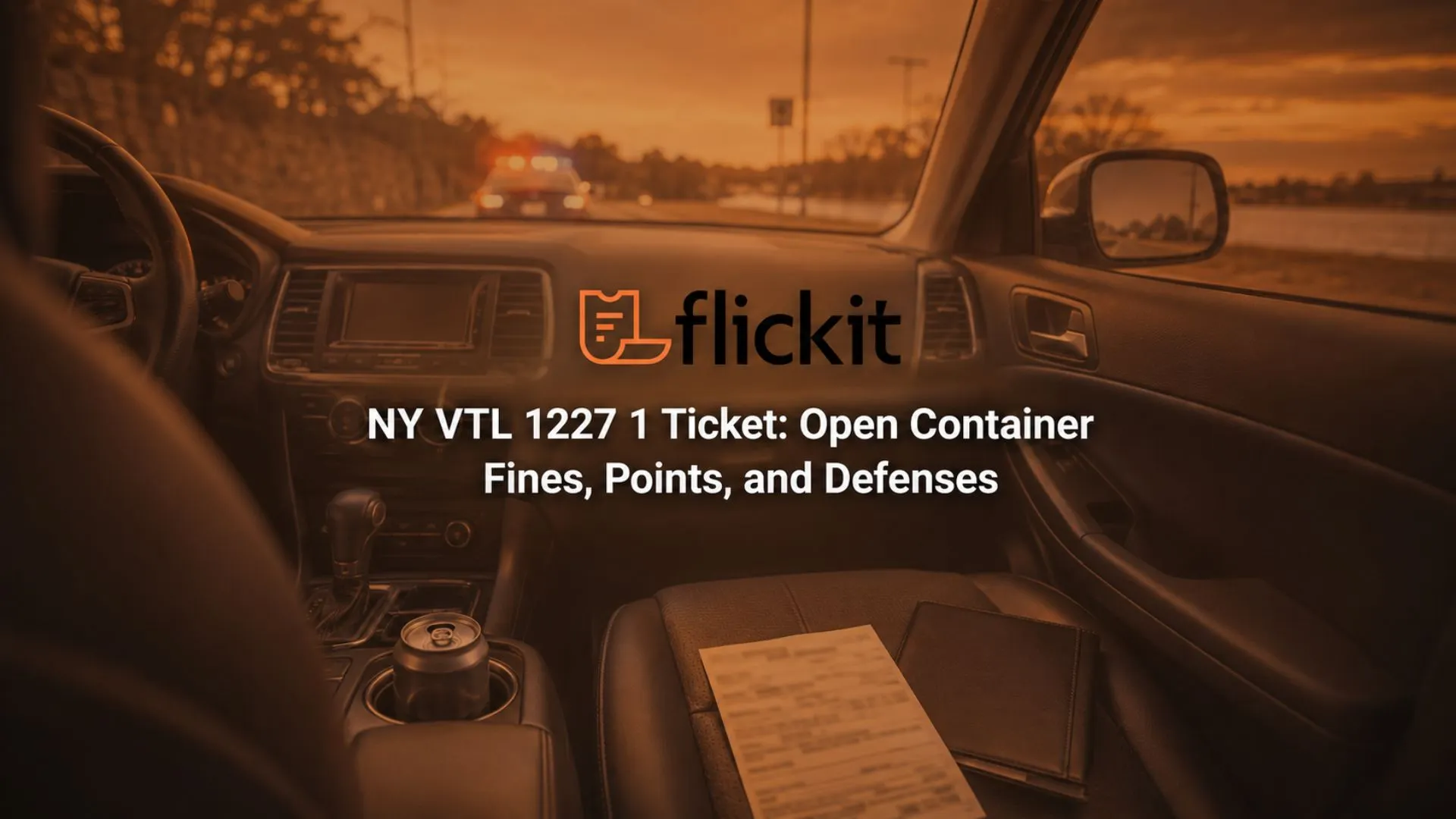 A vehicle interior shows an open beverage can in the center-console cup holder and a traffic citation resting on the passenger seat beside a closed document folder. Flashing police lights appear through the windshield during an evening roadside stop, illustrating a New York open-container traffic violation and its potential legal consequences.