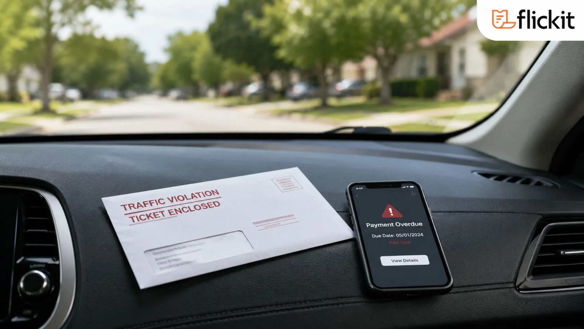 Traffic ticket and overdue reminder on a car dashboard before response deadline.