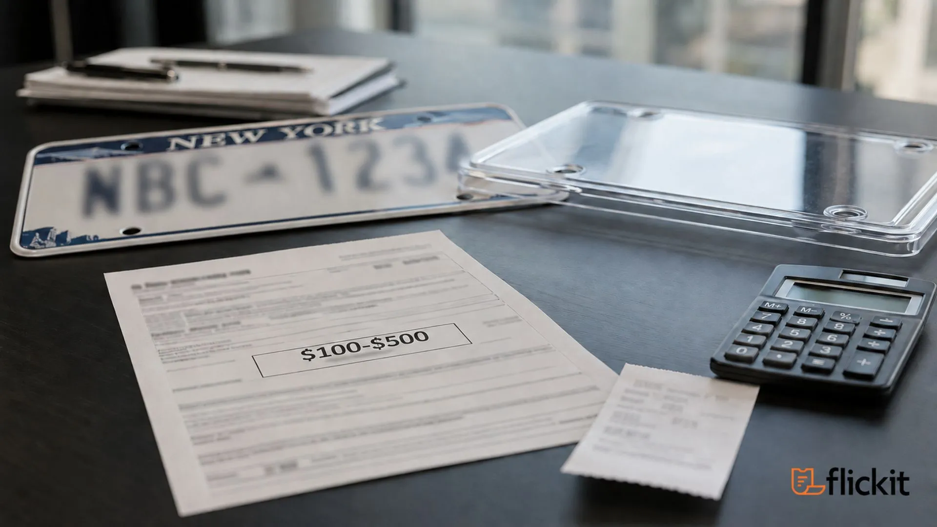 NY plate cover, traffic ticket, and $100–$500 fine on a desk.