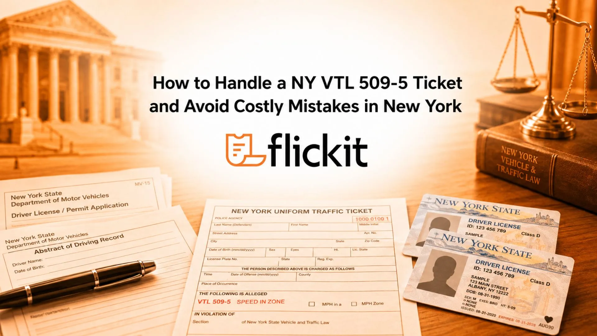 A New York traffic law scene shows a uniform traffic ticket on a desk beside two New York State driver’s licenses, DMV paperwork, and a pen. Legal elements in the background include a courthouse, scales of justice, and a New York Vehicle and Traffic Law book. The warm orange-toned setting highlights the connection between a VTL 509-5 ticket, multiple New York licenses, and the documents a driver may need to review. The image represents the process of understanding and responding to a New York license-related traffic violation.