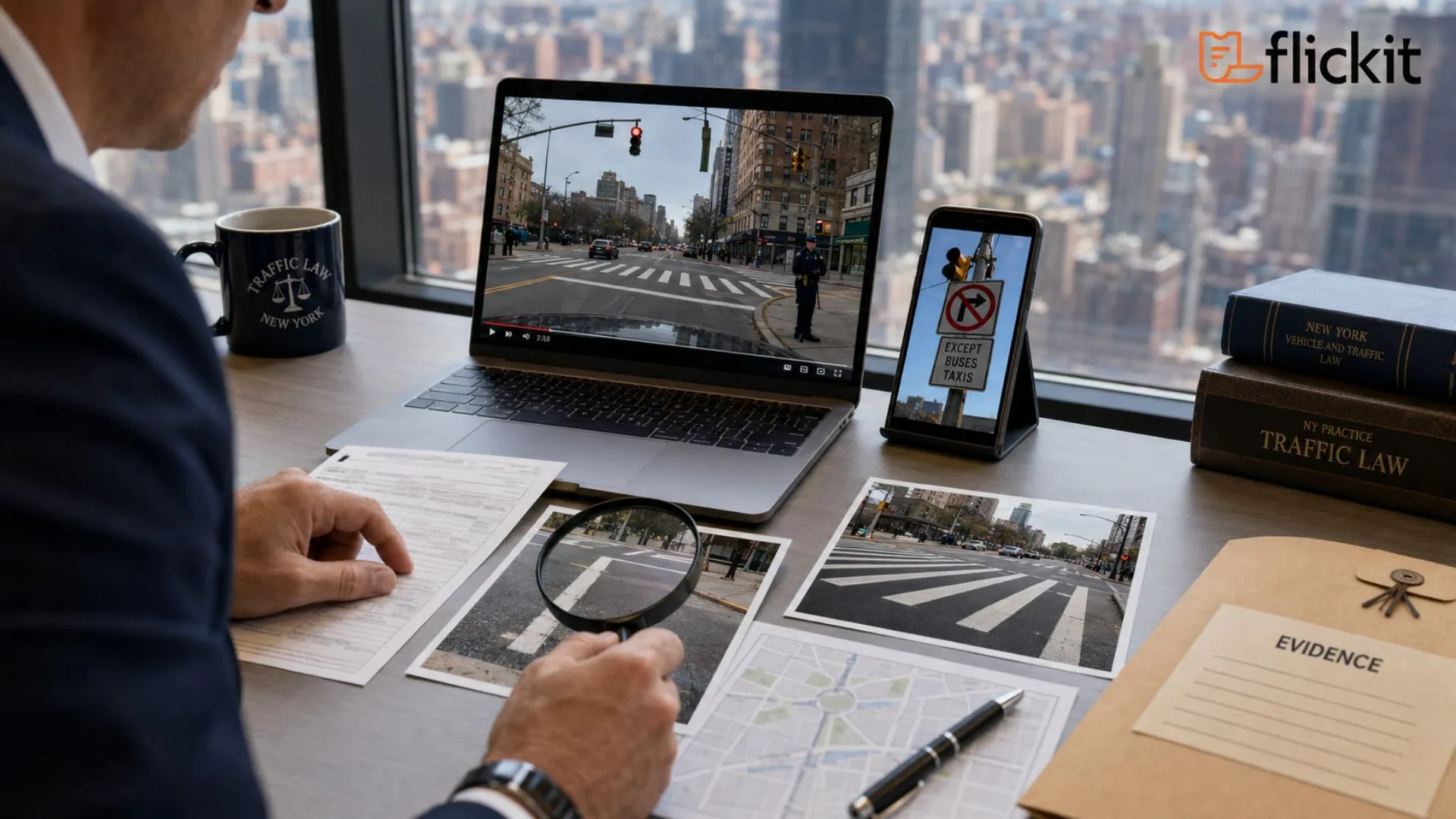 Traffic-law professional reviewing evidence for a New York right-on-red ticket at an office desk. A laptop displays dashcam footage of a red-light intersection and an officer’s roadside position, while a phone shows a turn-restriction sign. The desk also holds the traffic ticket, crosswalk and stop-line photographs, a street map, magnifying glass, and evidence folder.