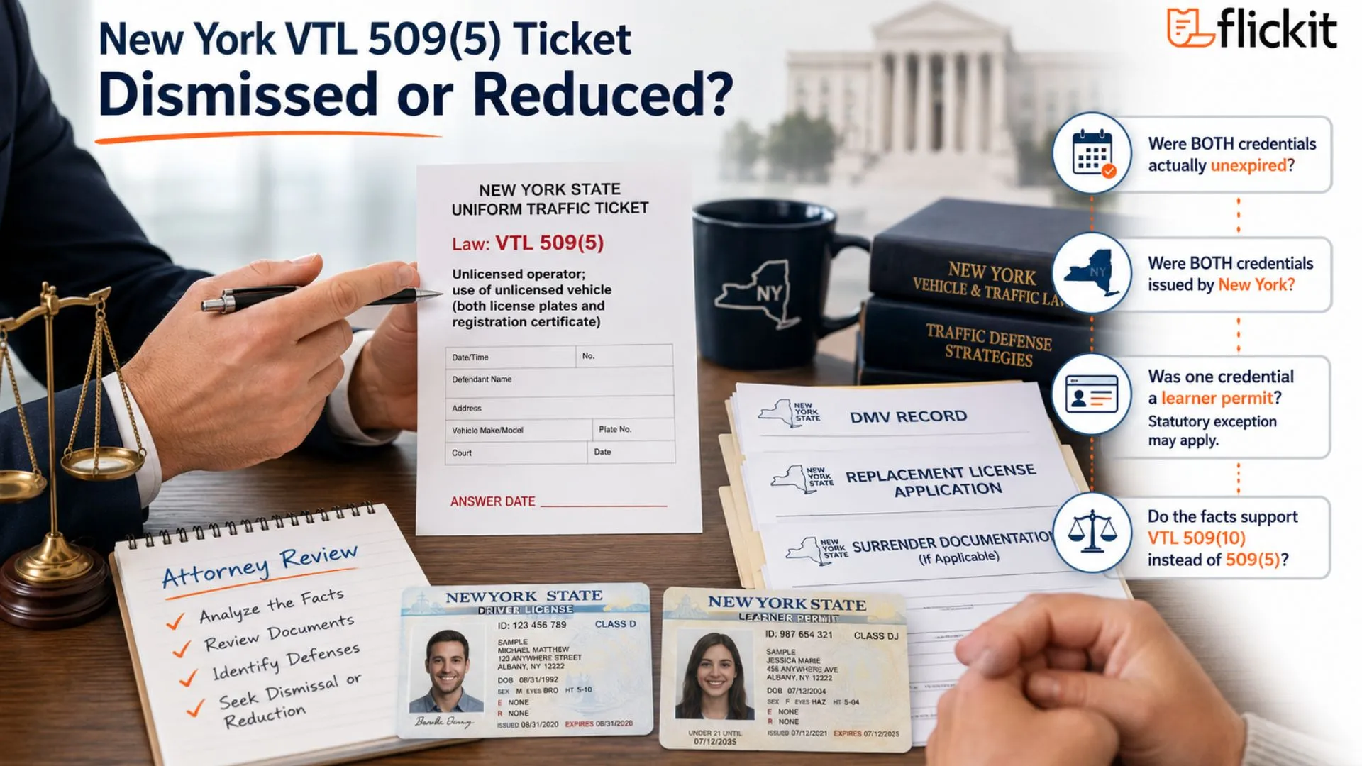A legal consultation scene shows an attorney reviewing a New York VTL 509(5) traffic ticket alongside DMV records, replacement-license paperwork, and surrender documentation. A New York driver’s license and learner permit sit on the desk while review notes highlight issues such as credential expiration, whether both licenses were issued by New York, and whether a statutory exception may apply. Additional callouts compare the facts with VTL 509(10) and show the types of details that may affect whether a VTL 509-5 ticket can be challenged, reduced, or dismissed.