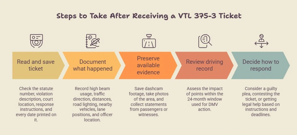 A five-step infographic explains what a driver should do after receiving a VTL 375-3 ticket in New York. The process includes saving the citation, documenting what happened, preserving dashcam footage or other evidence, reviewing the driving record, and deciding how to respond. Each step includes a simple icon and a short explanation to help drivers organize information after a failure-to-dim-headlights citation.